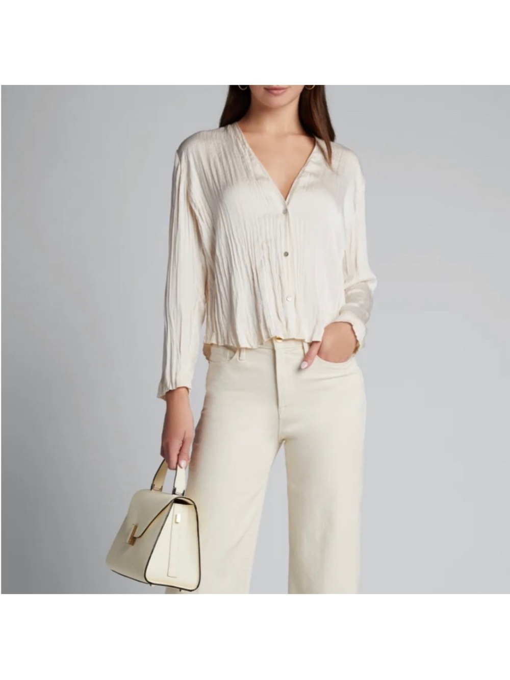 NWT Vince Crushed Chiffon Pleated V-Neck Blouse Ivory XS Silk Feel $295